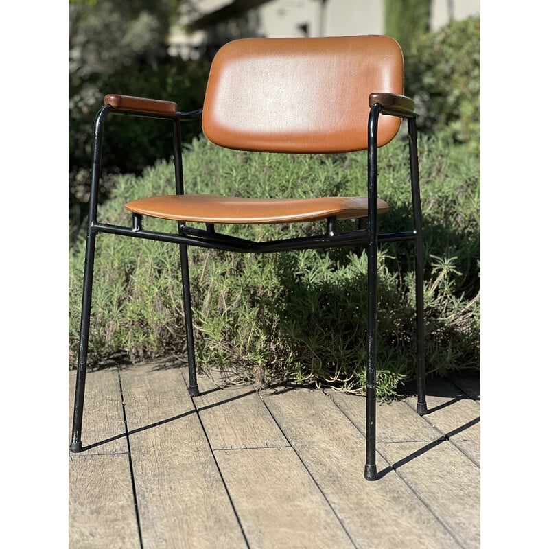 Pair of vintage armchairs in black lacquered metal and oak, France 1950