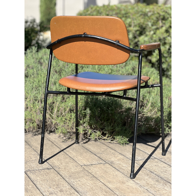 Pair of vintage armchairs in black lacquered metal and oak, France 1950