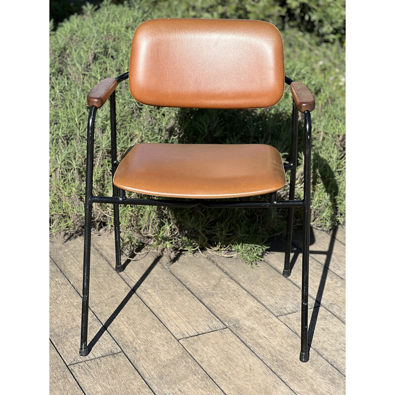 Pair of vintage armchairs in black lacquered metal and oak, France 1950