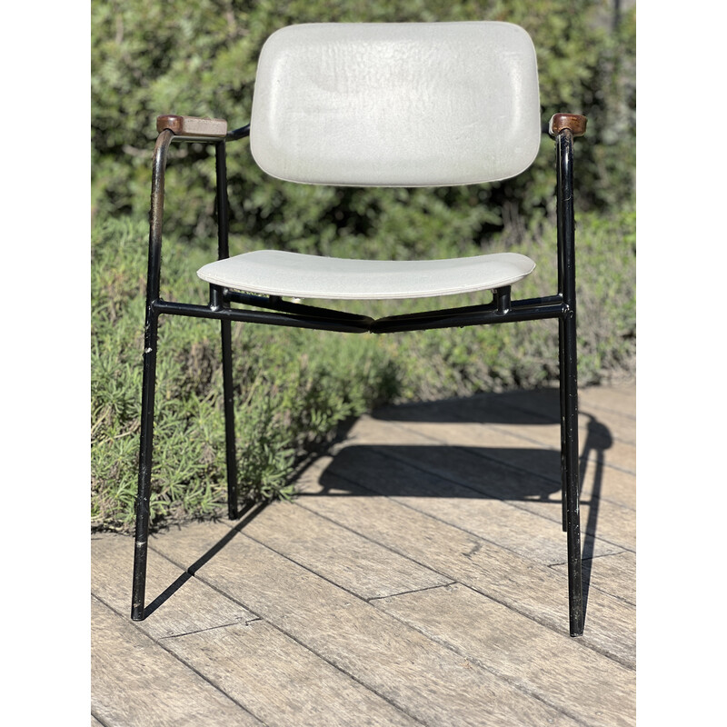 Vintage armchairs in black lacquered metal and oak, France 1950