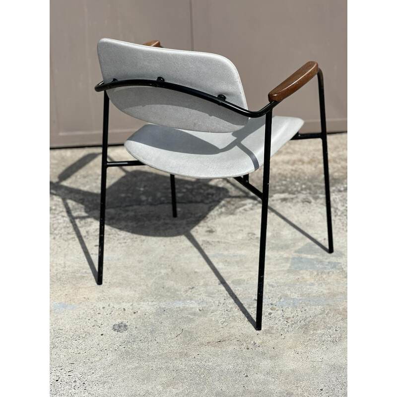 Vintage armchairs in black lacquered metal and oak, France 1950