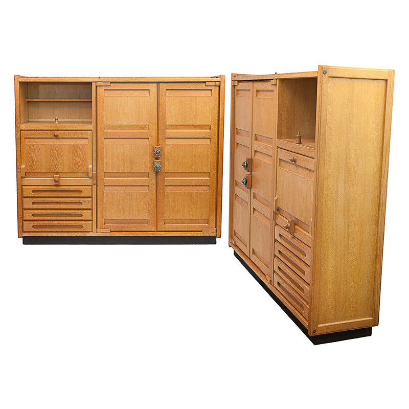 Pair of vintage Gemini oak cabinets by Guillerme et Chambron, 1950