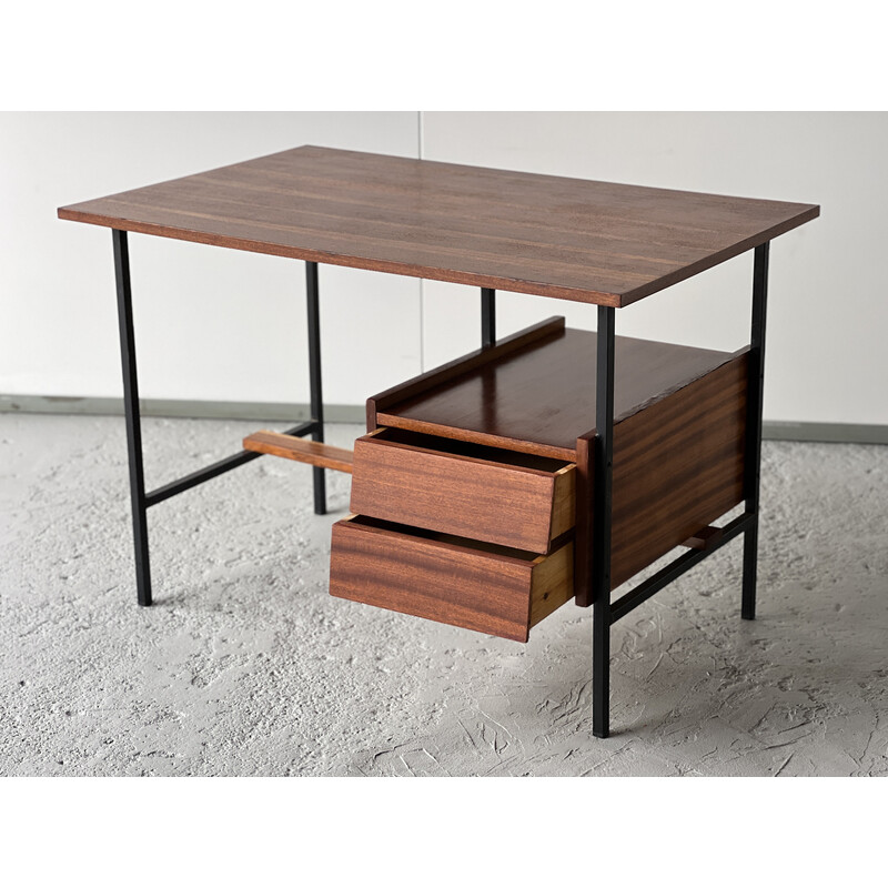 Vintage teak and black lacquered metal desk with 2 drawers, 1950
