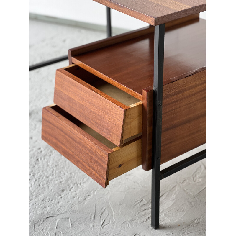 Vintage teak and black lacquered metal desk with 2 drawers, 1950