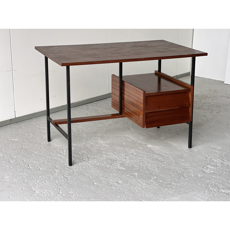 Vintage teak and black lacquered metal desk with 2 drawers, 1950