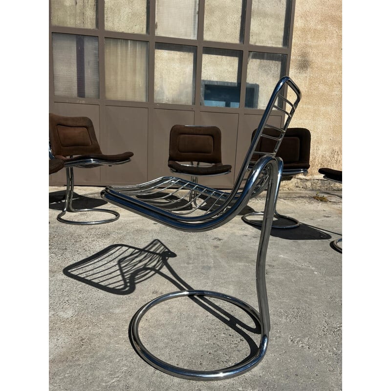 Set of 6 vintage chairs in chrome steel and fabric, 1970