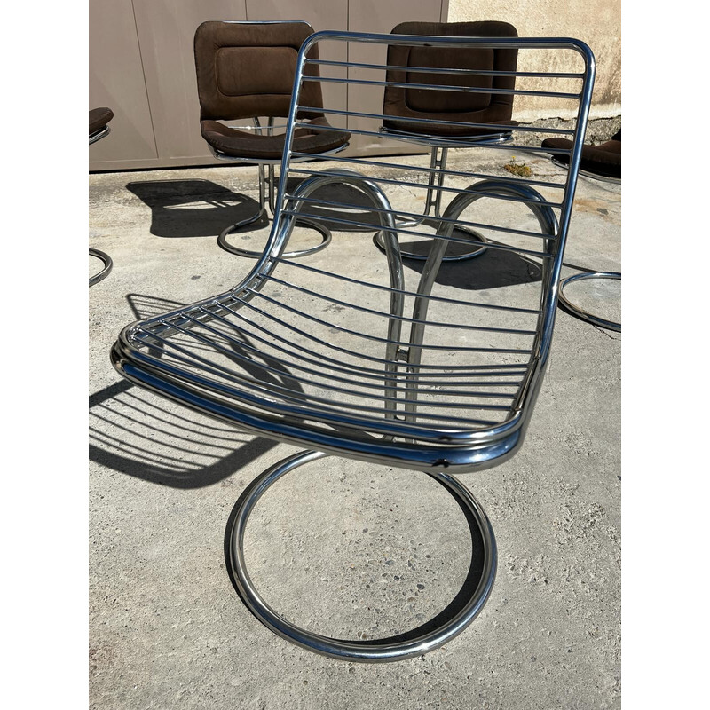 Juego de 6 sillas vintage en acero cromado y tela, 1970