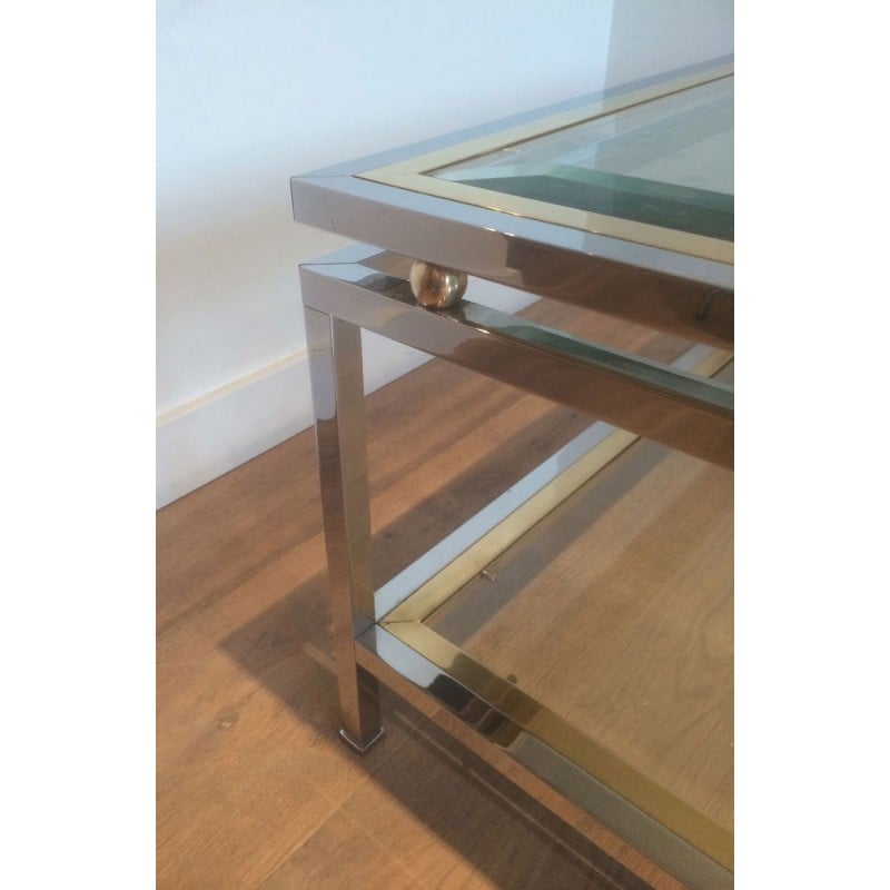 Vintage coffee table in chrome and brass balls with double top, France 1970