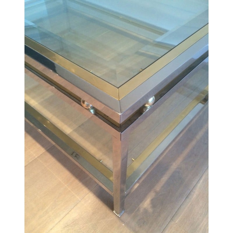 Vintage coffee table in chrome and brass balls with double top, France 1970