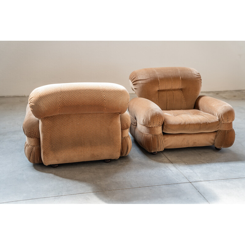 Pair of vintage chenille armchairs in wood and fabric, Italy 1970