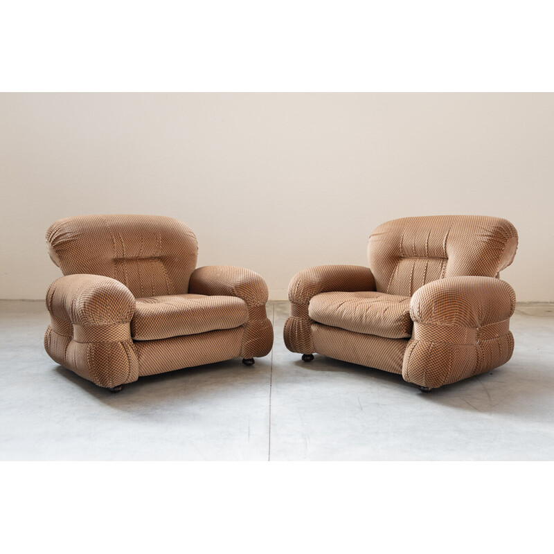 Pair of vintage chenille armchairs in wood and fabric, Italy 1970