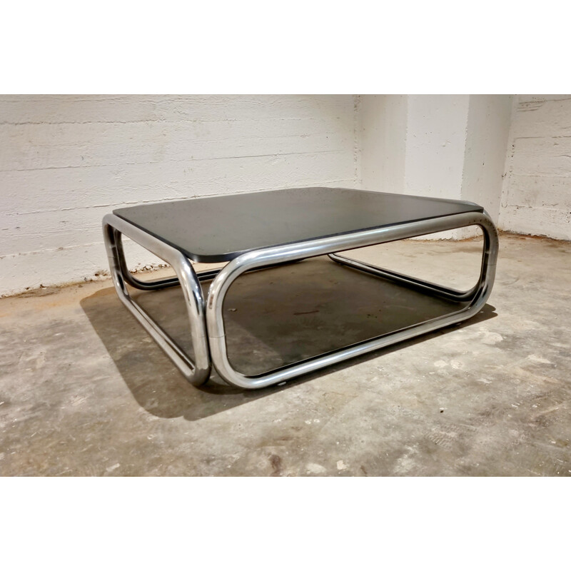 Vintage coffee table in tubular chrome and black formica, 1970