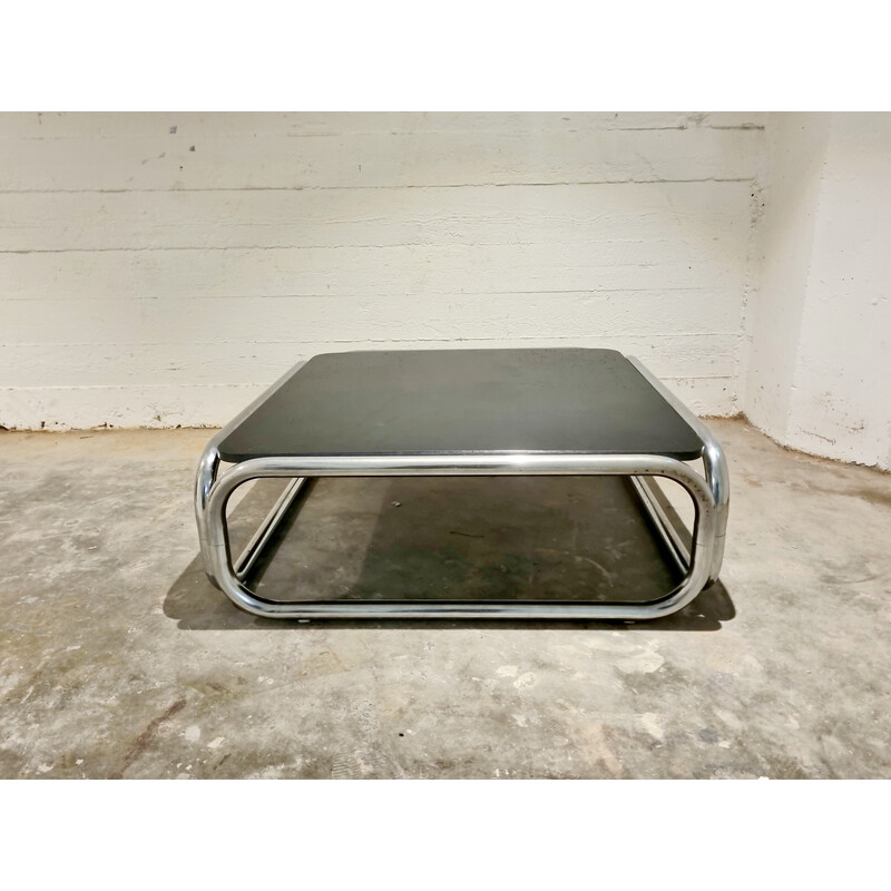Vintage coffee table in tubular chrome and black formica, 1970