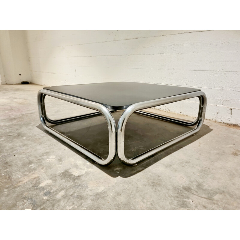 Vintage coffee table in tubular chrome and black formica, 1970