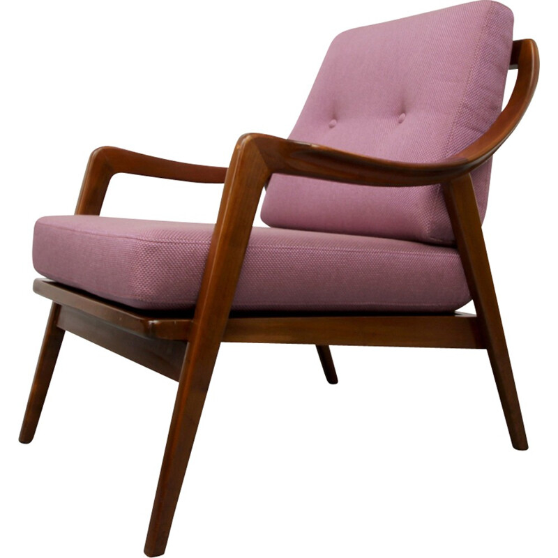 Scandinavian purple armchair in dark wood - 1950s