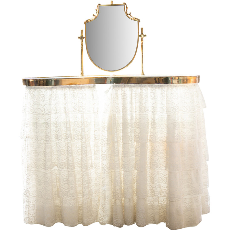 Vintage brass and glass makeup cabinet with curtain, 1960