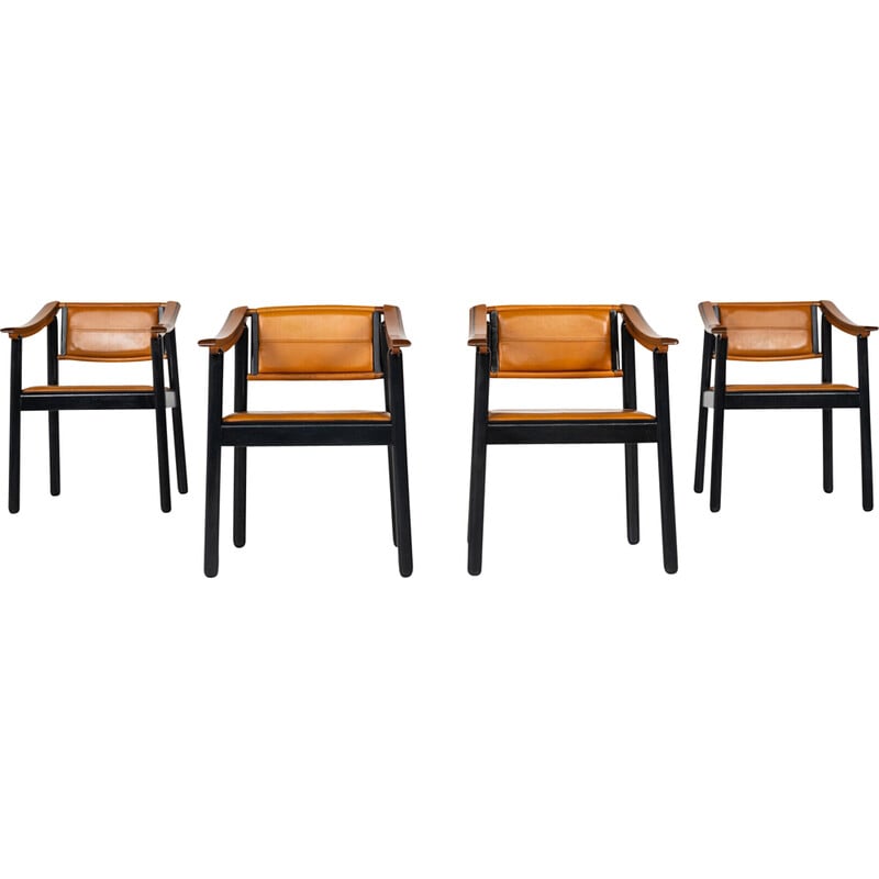 Set of 4 vintage armchairs in wood and leather, Italy 1960