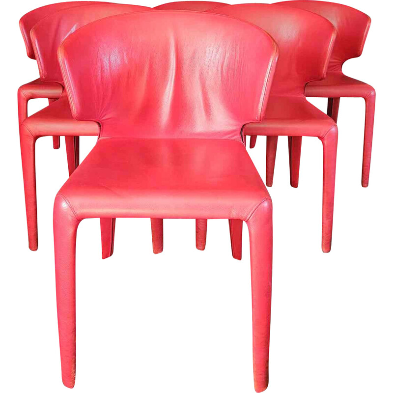 Set of 6 vintage red Hola 367 model chairs by Hannes Wettstein for Cassina