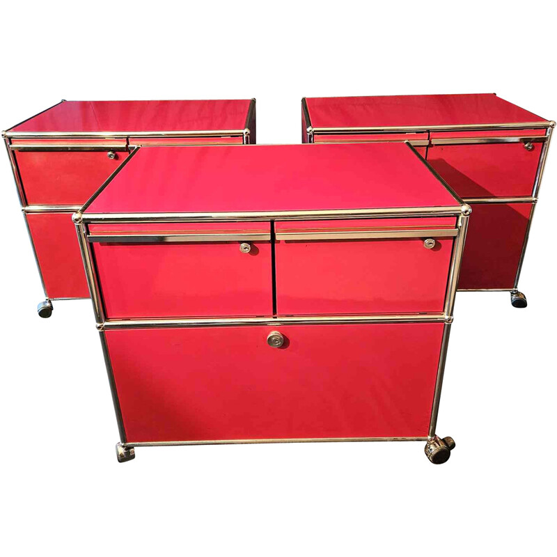 Set of 3 vintage red office pedestals on wheels for Usm Haller