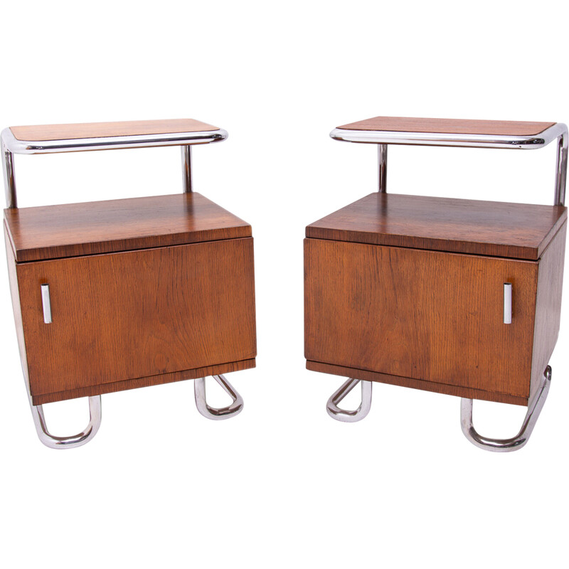 Pair of vintage oak and chrome steel nightstands by Vichr and Spol for Kovona, Czechoslovakia 1950