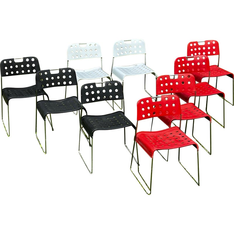 Set van 9 vintage Omstak stoelen in gelakt metaal en verchroomd staal van Rodney Kinsman voor Bieffeplast, Italië 1960