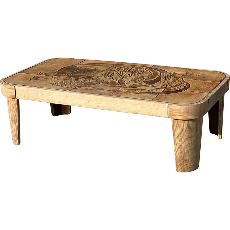 Table basse vintage "Colombe" en chêne et céramique de Raymonde Leduc, 1960