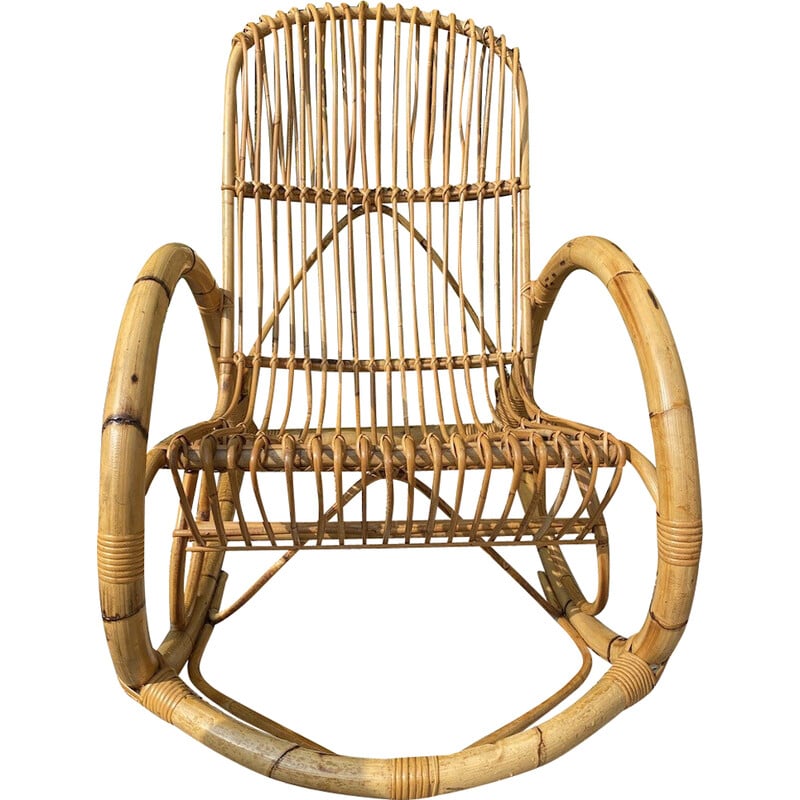 Fauteuil rocking chair vintage en bambou et rotin, 1970