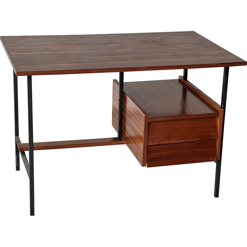 Bureau vintage en teck et métal laqué noir avec 2 tiroirs, 1950