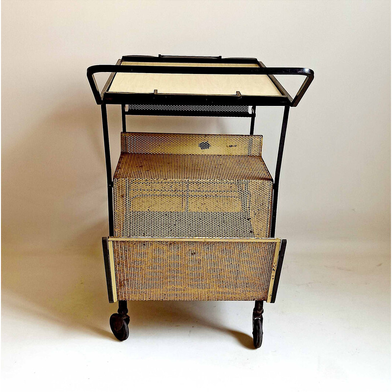 Vintage yellow formica rolling trolley by Mathieu Matégot, 1950