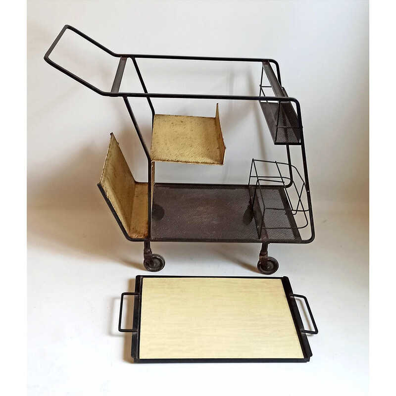 Vintage yellow formica rolling trolley by Mathieu Matégot, 1950