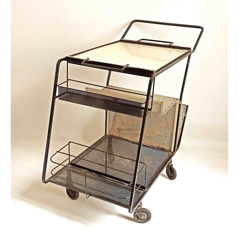 Vintage yellow formica rolling trolley by Mathieu Matégot, 1950