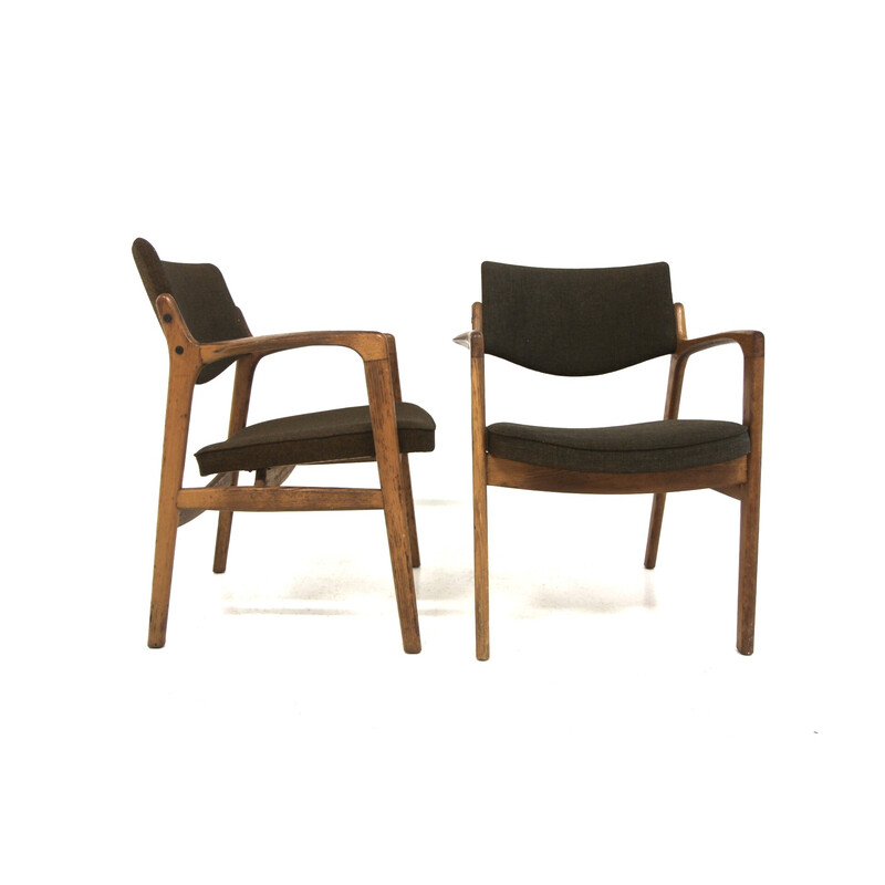 Pair of vintage oak and fabric armchairs by Bondo Graversen, Denmark 1960