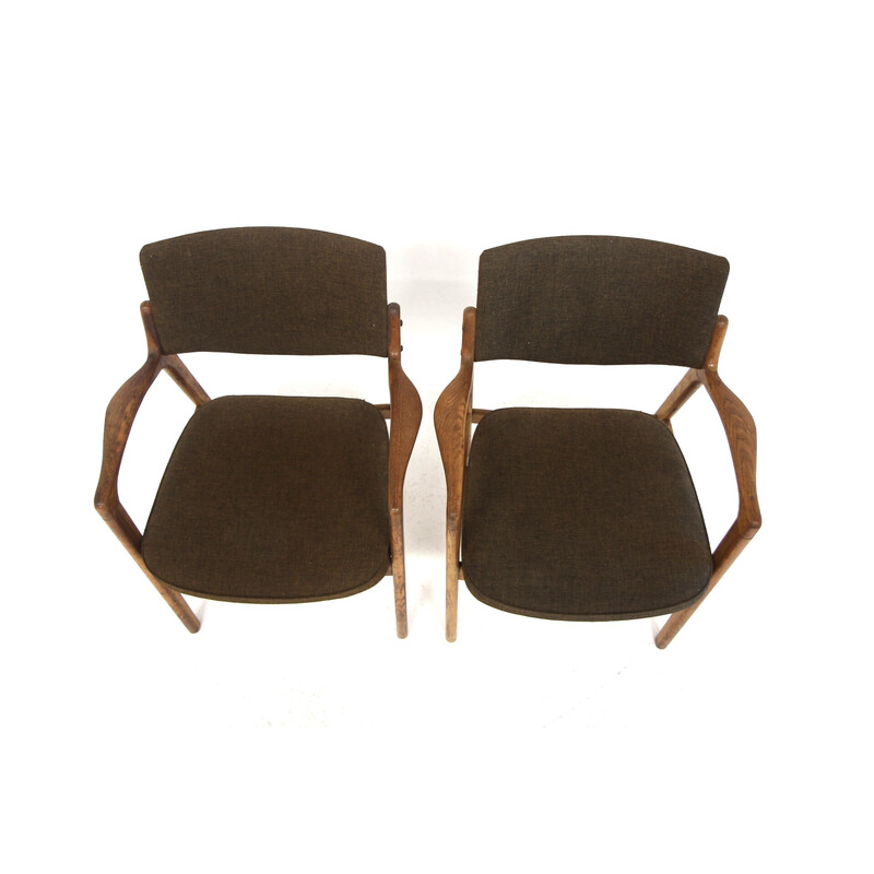 Pair of vintage oak and fabric armchairs by Bondo Graversen, Denmark 1960