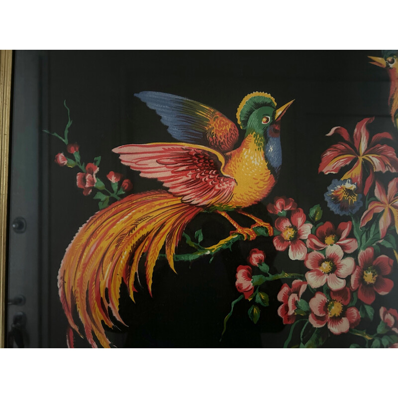 Vintage painting decorated with birds and gilded wood frame, 1950