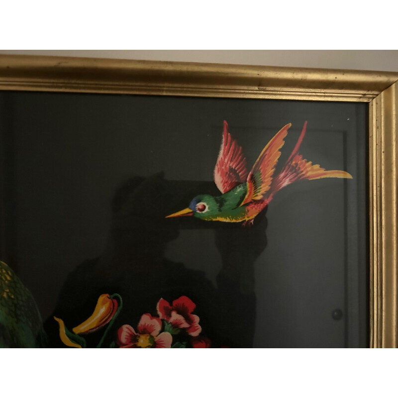 Vintage painting decorated with birds and gilded wood frame, 1950