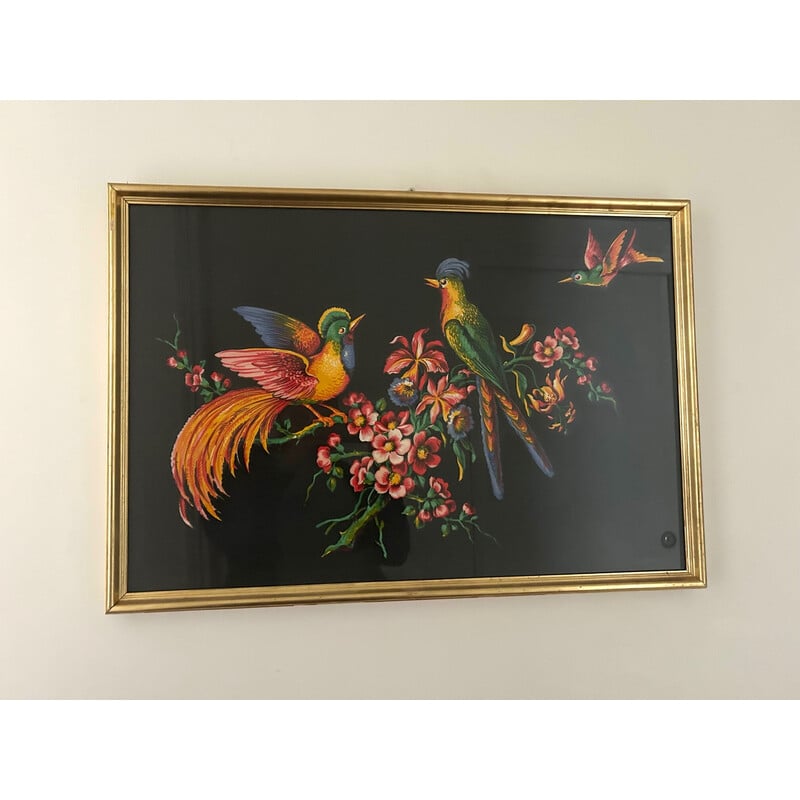 Vintage painting decorated with birds and gilded wood frame, 1950