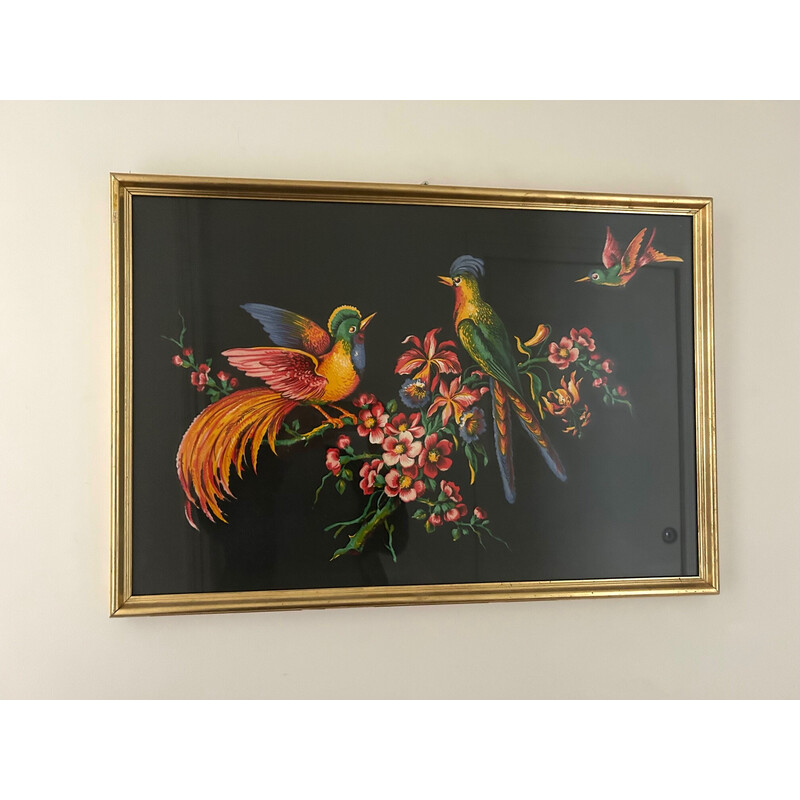 Vintage painting decorated with birds and gilded wood frame, 1950