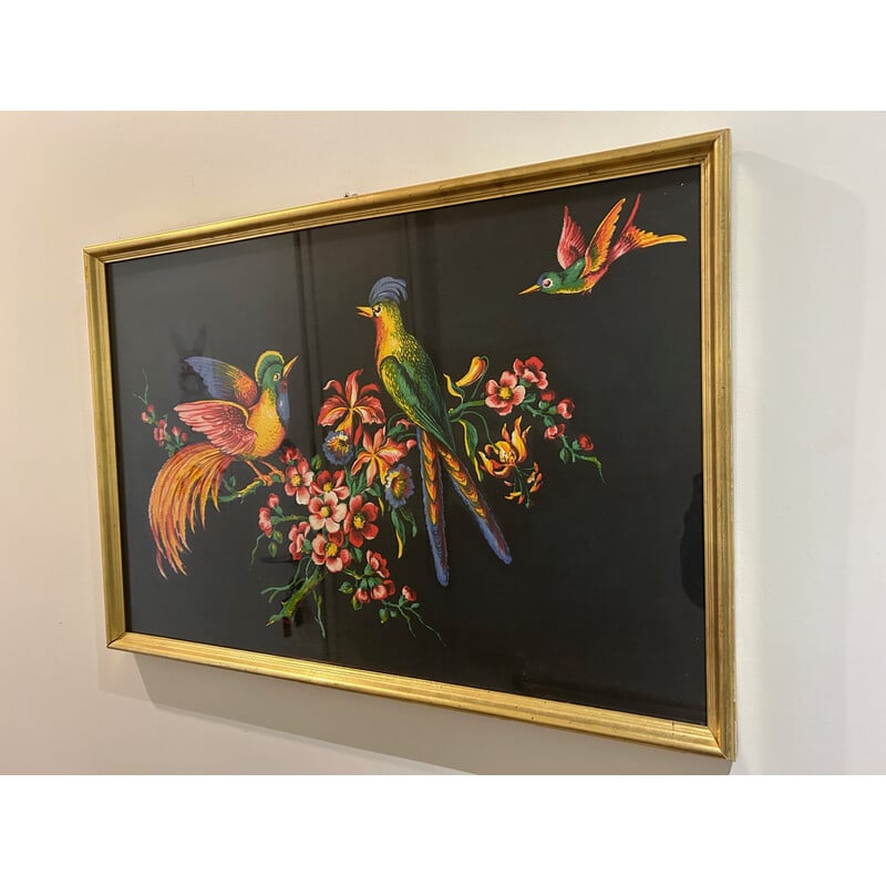 Vintage painting decorated with birds and gilded wood frame, 1950