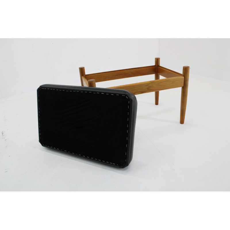 Vintage leather and beech stool, Denmark 1960