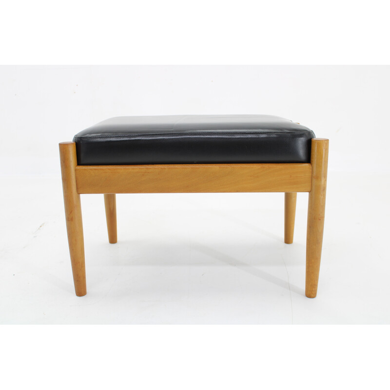 Vintage leather and beech stool, Denmark 1960