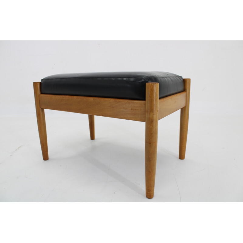 Vintage leather and beech stool, Denmark 1960