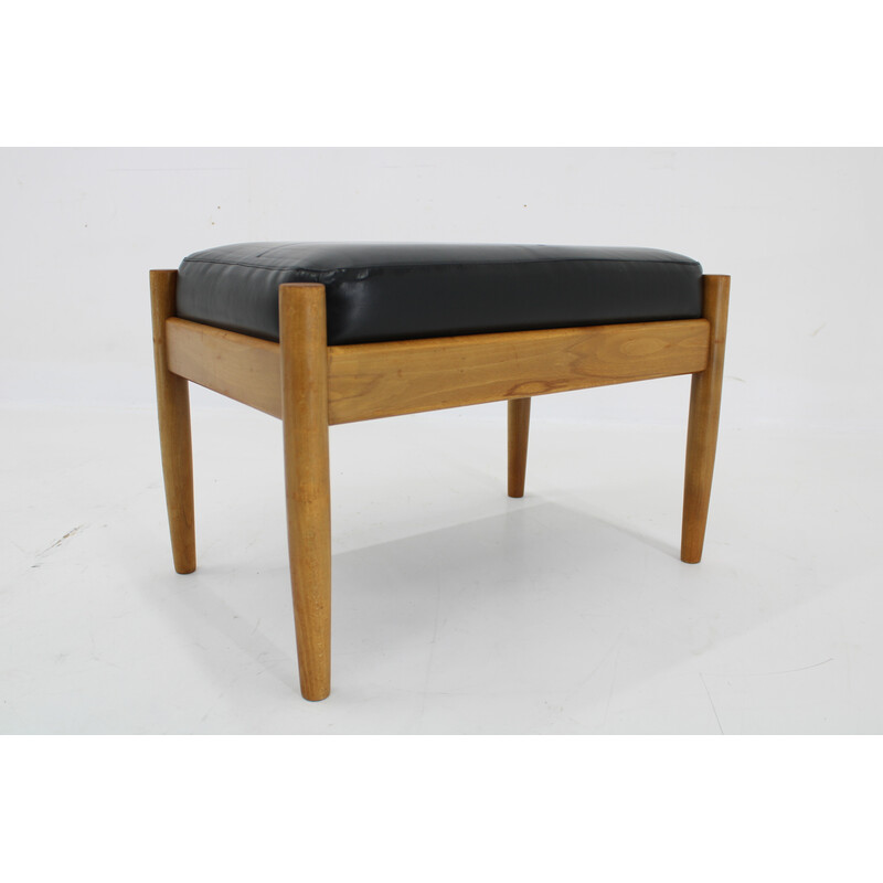 Vintage leather and beech stool, Denmark 1960