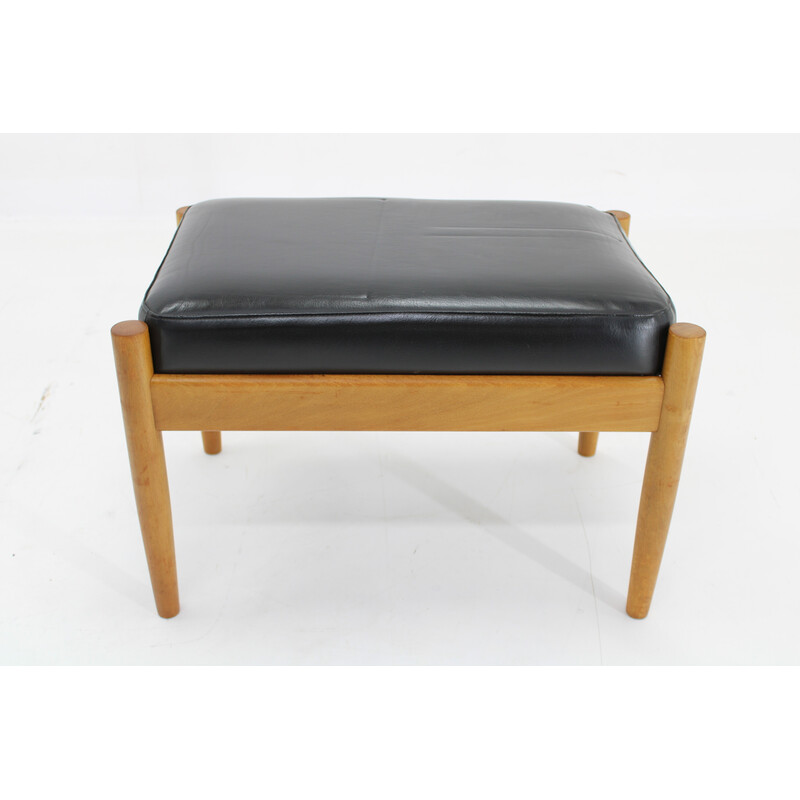 Vintage leather and beech stool, Denmark 1960