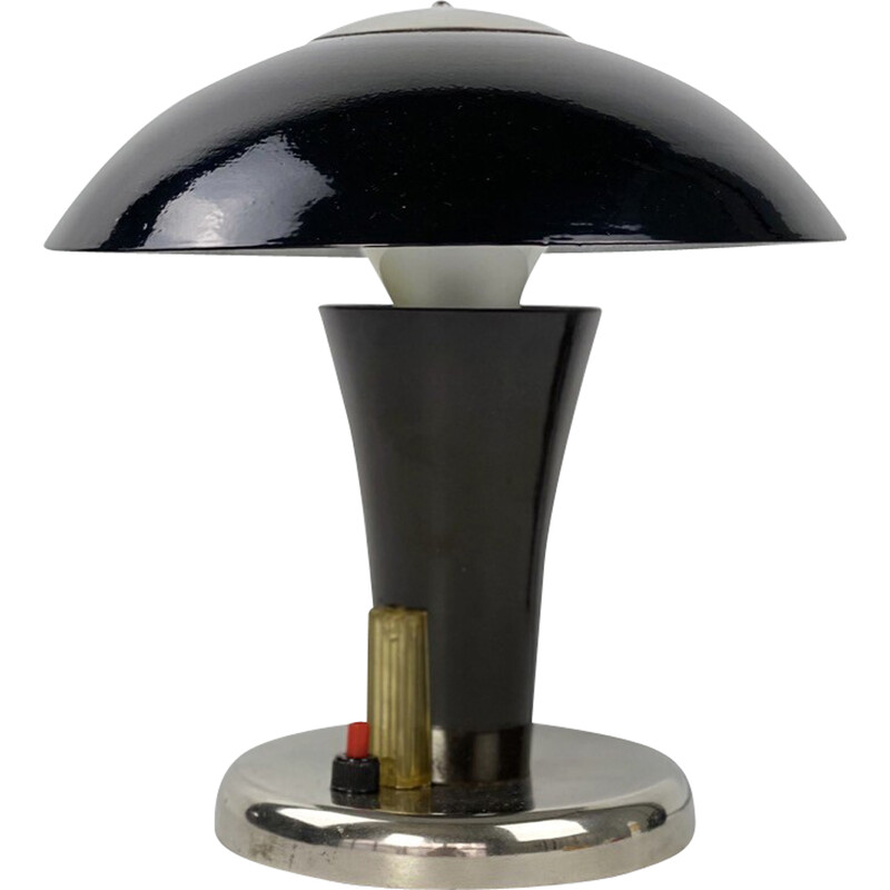 Lámpara de mesilla de noche vintage Bauhaus en baquelita marrón y cromo, 1930