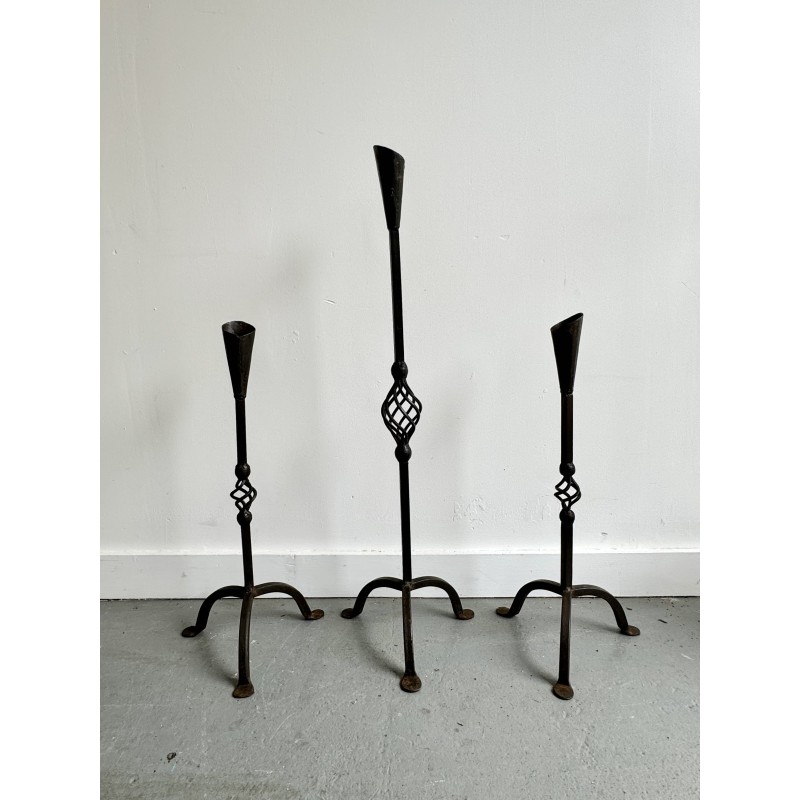 Set of 3 vintage wrought iron candlestick