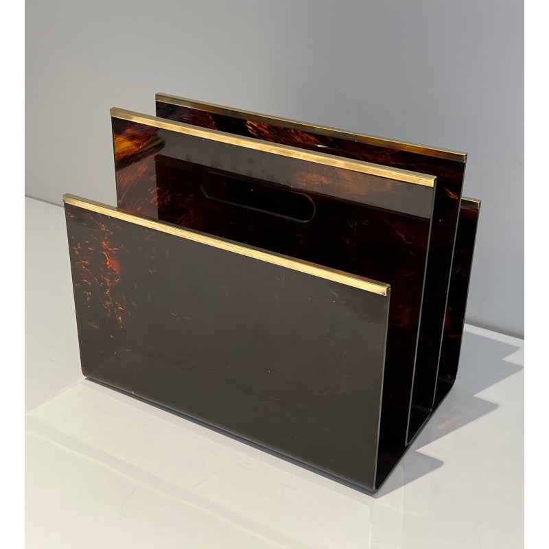 Vintage magazine rack in plexiglass and brass, France 1970