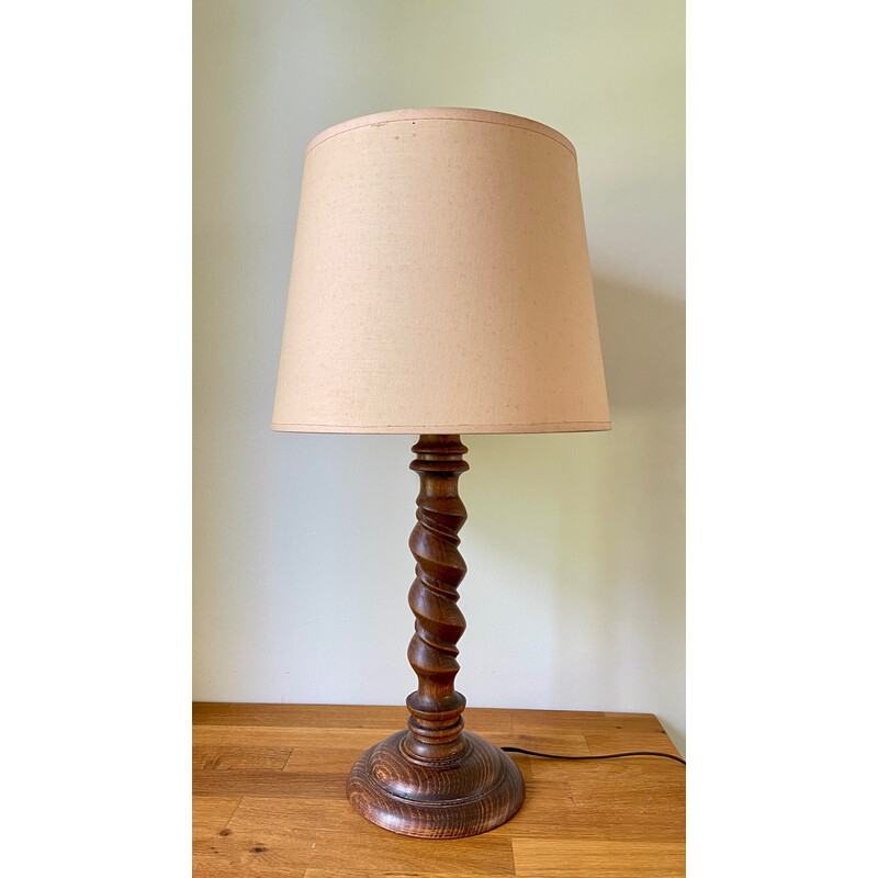 Vintage "Countryside" lamp in turned wood and beige-pink fabric lampshade