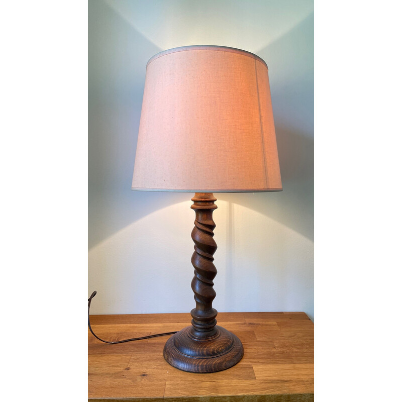 Vintage "Countryside" lamp in turned wood and beige-pink fabric lampshade