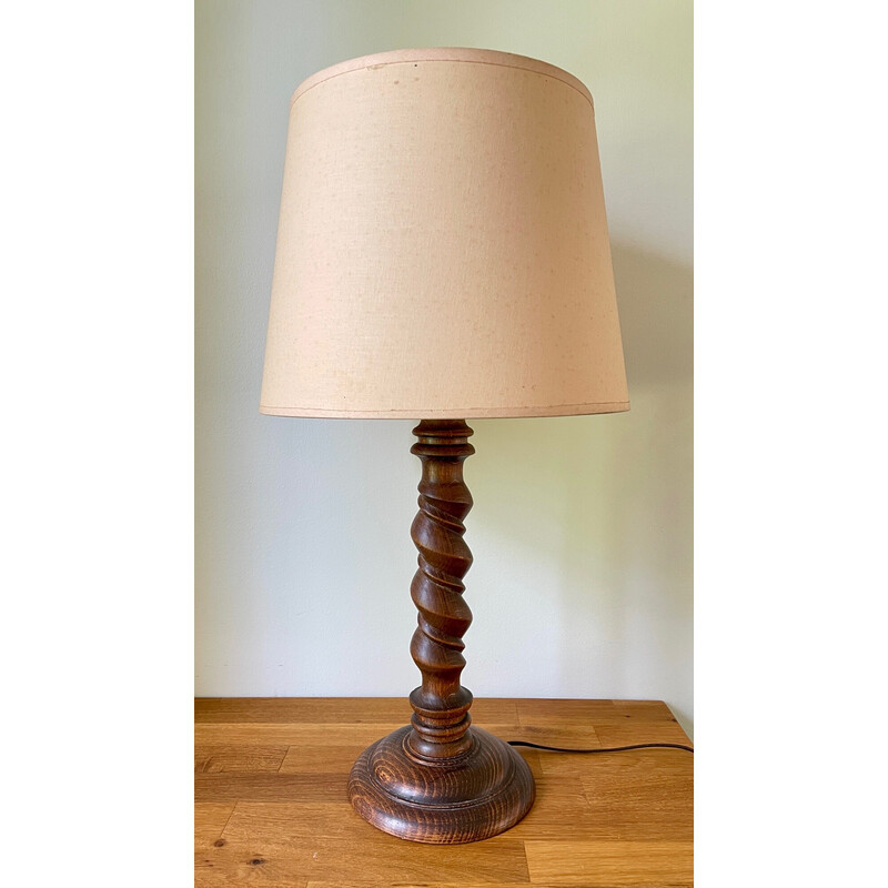 Vintage "Countryside" lamp in turned wood and beige-pink fabric lampshade