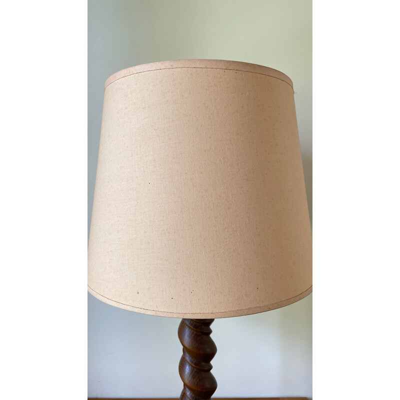 Lampada vintage "Campagne" in legno tornito e paralume in tessuto beige-rosa